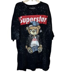 RAWYALTY Black Label Superstar Teddy Bear Graphic Print T-Shirt 3XL Rhinestones